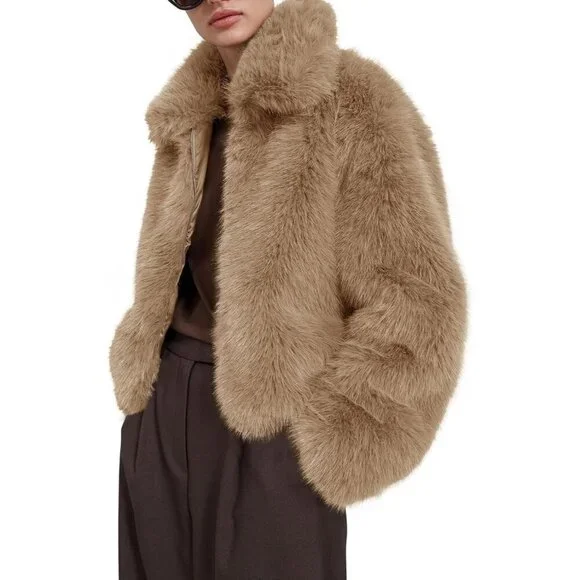 Women's Faux Fur Coat Winter Shaggy Casual Oversized Lapel Jackets Warm Khaki - Picture 2 of 6